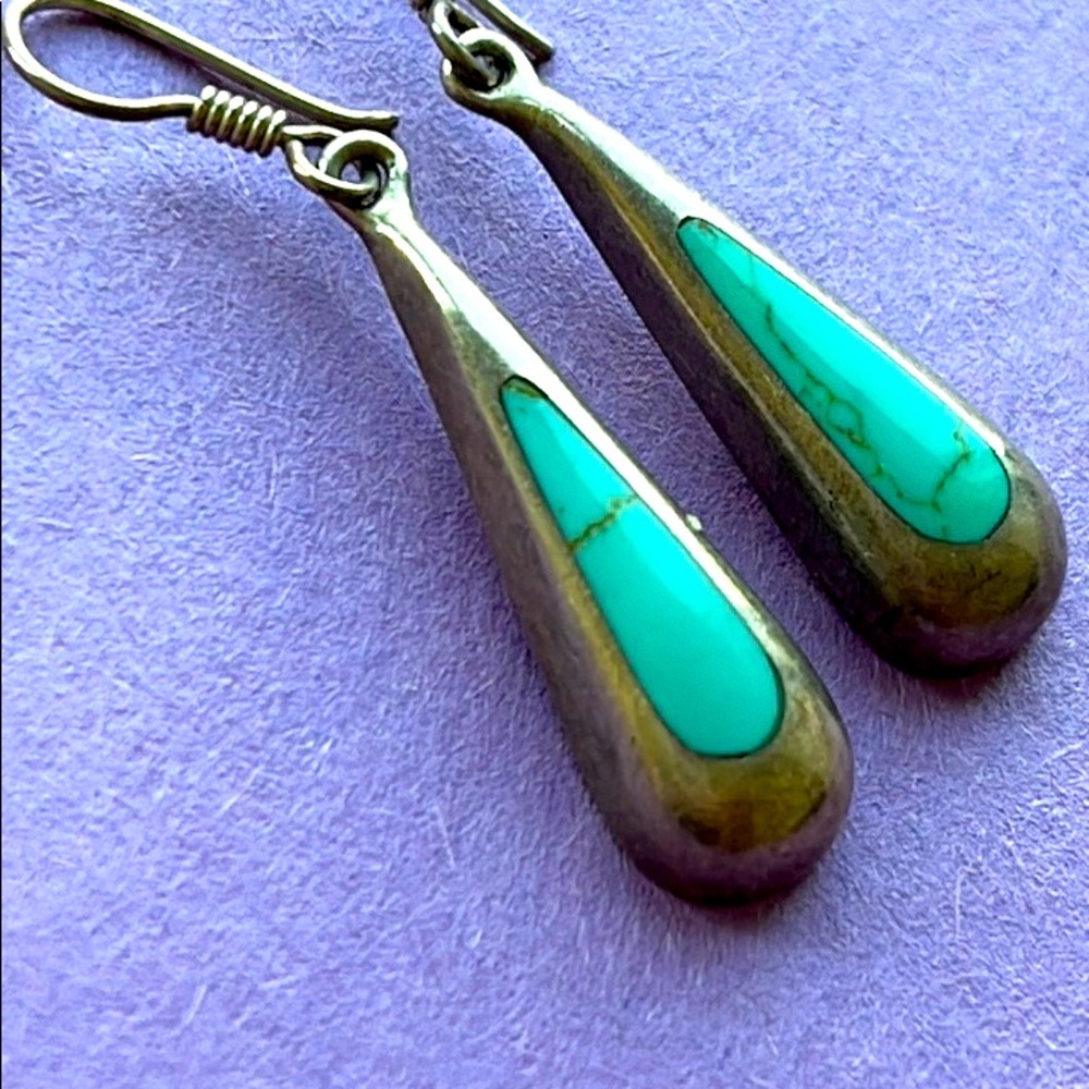 Mexico Solid Sterling Silver Teardrop Turquoise D… - image 4